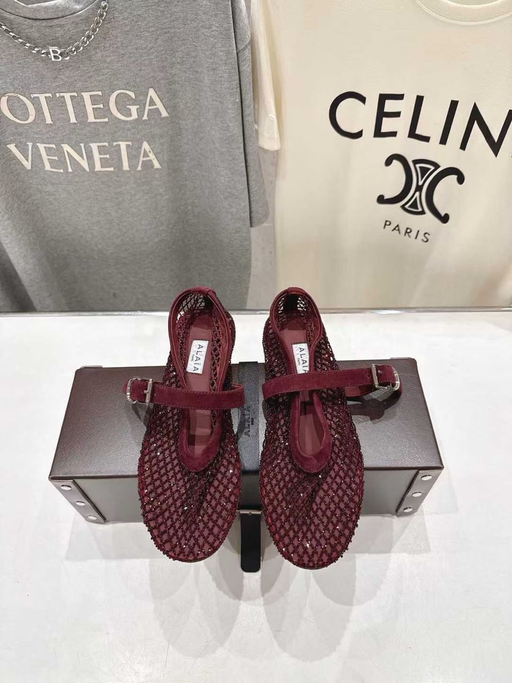 Women's Mesh Mary Jane Flats in Burgundy